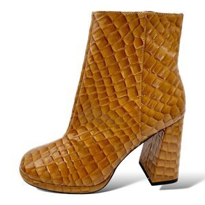 Miss Selfridge Bougie Tan Patent Croc Platform Chunky Heel Bootie Sz 6